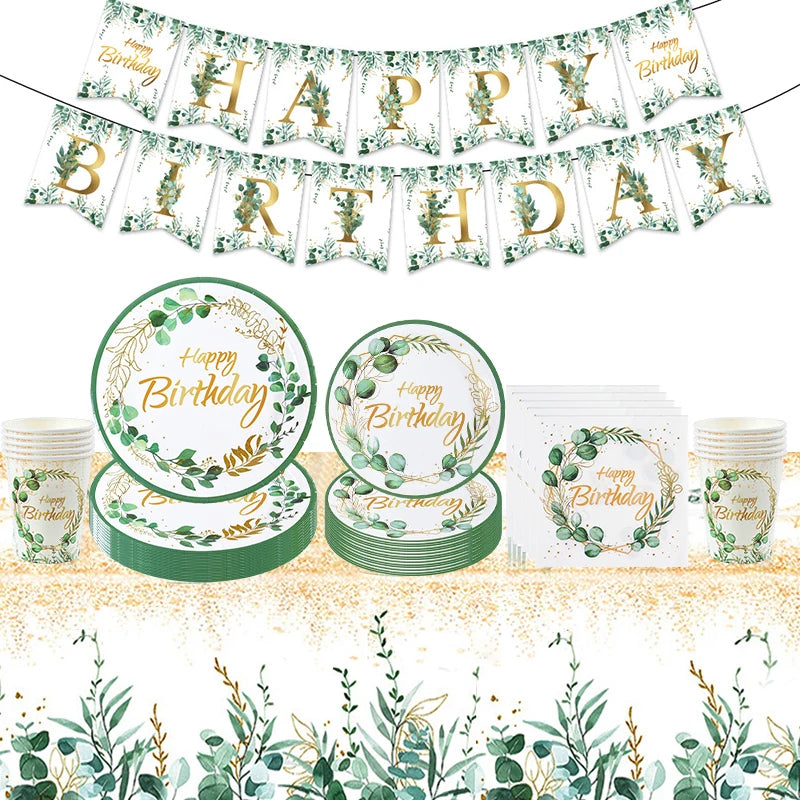 Green Eucalyptus Leaf Disposable Tableware Paper Plate Cup Napkin Banner Kids Adult Happy Birthday Birthday Party Decor Supplies