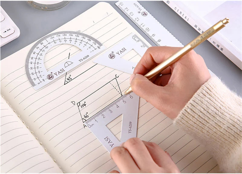 4 Pcs/Set Math Sets Metal Ruler Triangle Ruler Protractor with Box for School Student Geometry Sets
