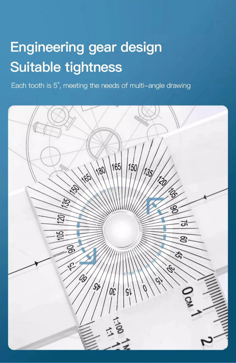 2/1pcs Multifunction Rotatable T-Square Ruler 4mm Thicken Plastic Math Line Circular Transparent Folding Geometric Drawing Ruler