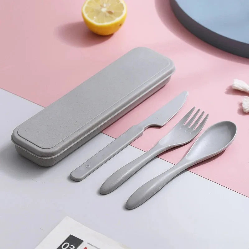 Portable Wheat Straw Dinnerware Set Reusable Knife Fork Spoon Travel Utensil Box 3In1 Tableware Kit For Tableware School Office