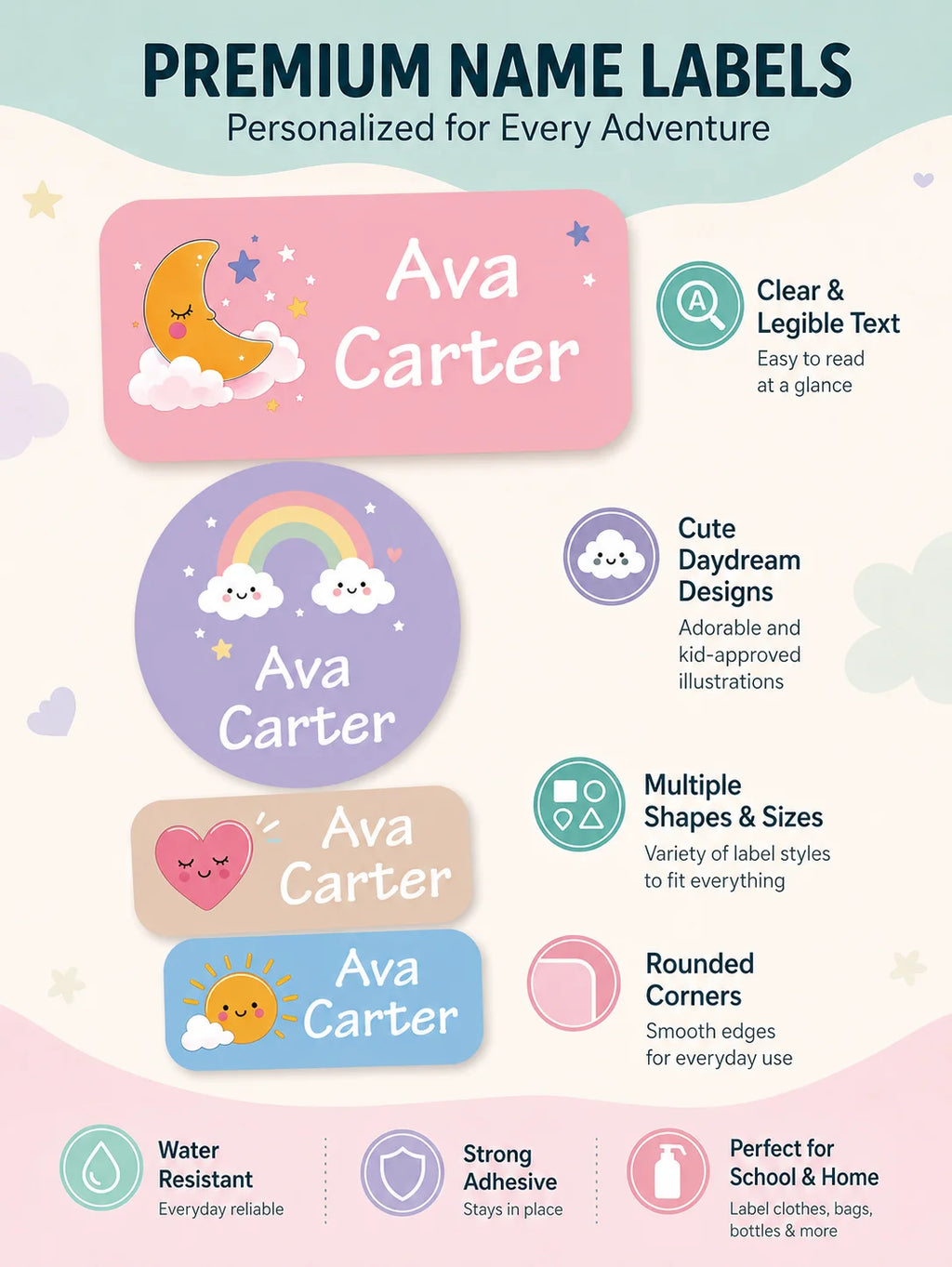 1pc 140 PCS Custom Name Labels, Personalized Cute Daydream Stickers for Bottles, Bags, Lunch Boxes, Clothes & Supplies