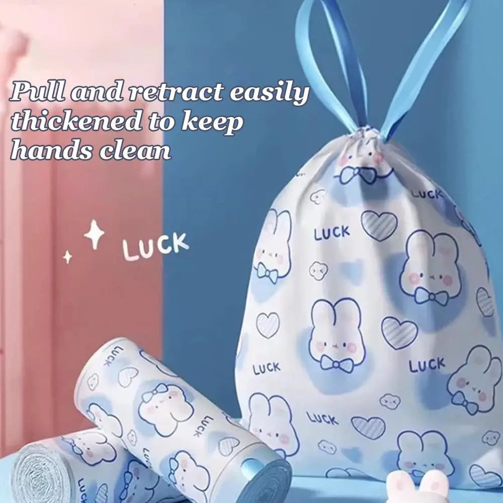 1 roll 100pcs blue rabbit garbage bag Portable Printed Thickened Garbage Bags, Stylish Blue Heart & Rabbit Drawstring Trash Bags