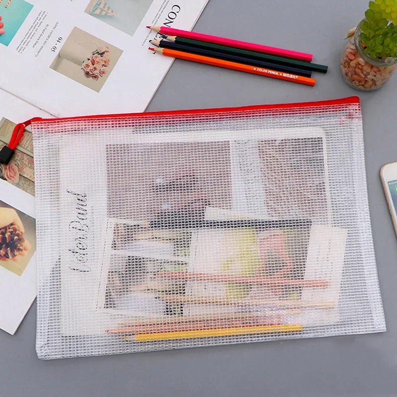 3/5PCS Stationery Storage Bag Folder File Mesh Zipper Pouch A3 A4 A5 A6 Document Bag Zip File Folders School Office Supplies