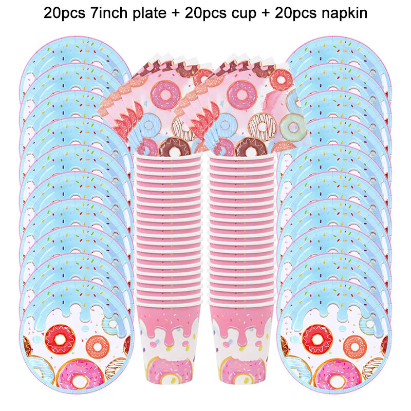 1Set Donut Party Decoration Disposable Tableware Plate Cup Napkins Candy Gift Bags Kids Baby Girl 1st Birthday Party Supplies