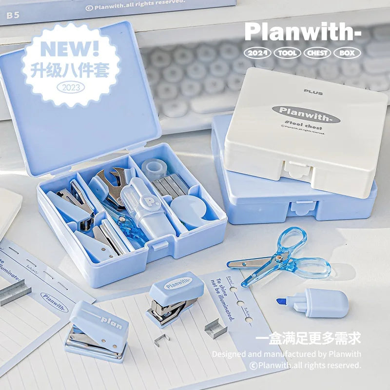 Kawaii 4/8pc Portable Stationery Multi Functional Tool Box Efficiency Set Puncher Stapler Adhesive Tape Mini School Supplies