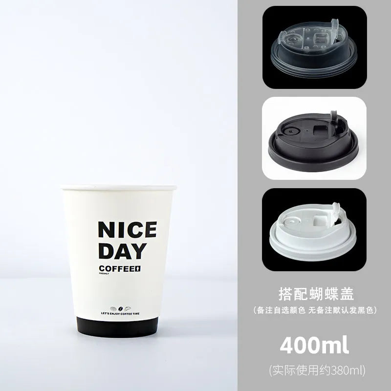 50pcs Thick Double-layer Coffee Paper Cup Disposable 90mm Caliber Hot Drink Leak Proof with Lid Shop Takeaway Paper Cups