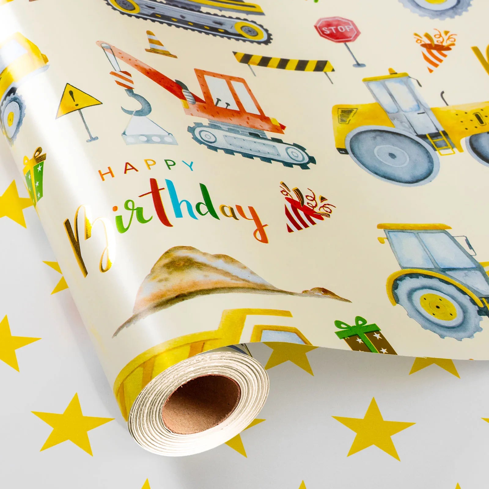 Construction Birthday Wrapping Paper - 43cm x 10m - Reversible Tractor Happy Birthday Script & Star Design Gift Wrap Mini Roll