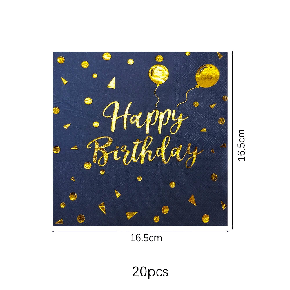 Dark Blue Gold Birthday Disposable Tableware Paper Plates Cups Napkin Tablecloth Adult Elegant Birthday Party Decoration Wedding