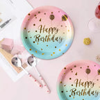 Pastel Rainbow Party Birthday Disposable Tableware Gold Dot Rainbow Gradient Paper Plate Cup Napkin Birthday Wedding Supplies