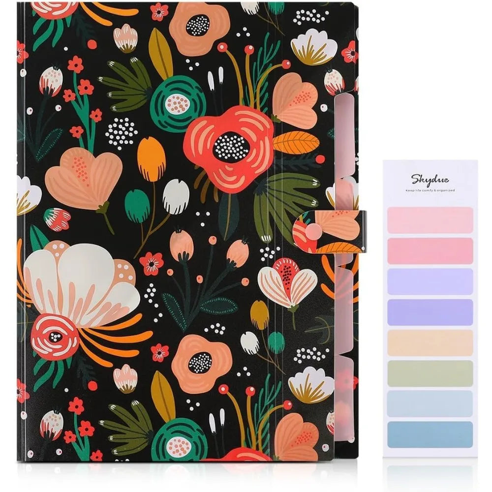 Expanding File Folder with 5 Pockets Floral Accordion Organizer for Important Documents Receipts Portable School Office Supplies Black