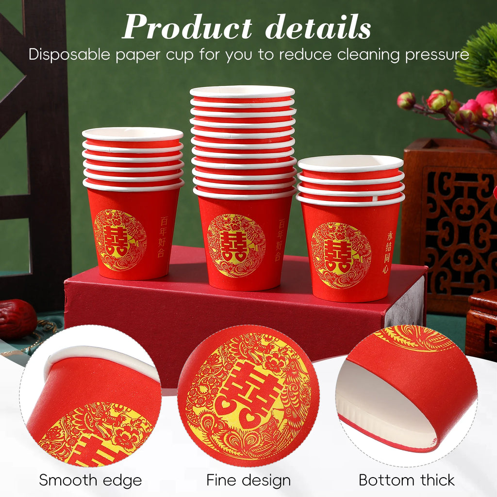 100Pcs Red Double Happiness Paper Cup Chinese-style disposable Festival Tea cup Wedding Banquet Serving drinking cups