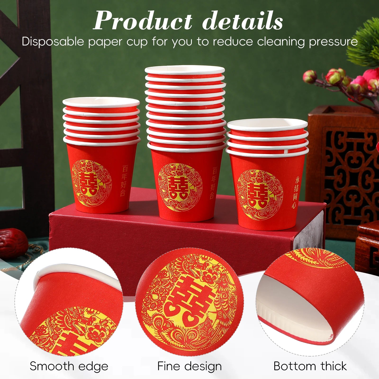 100Pcs Red Double Happiness Paper Cup Chinese-style disposable Festival Tea cup Wedding Banquet Serving drinking cups