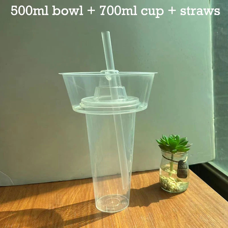 2PCS 2In1 Drink Snack Cup Bowl Bubble Milk Tea Fruit Portable Cups Stadium Tumbler Desserts Fondue Coke Water Bottle Adults Kids