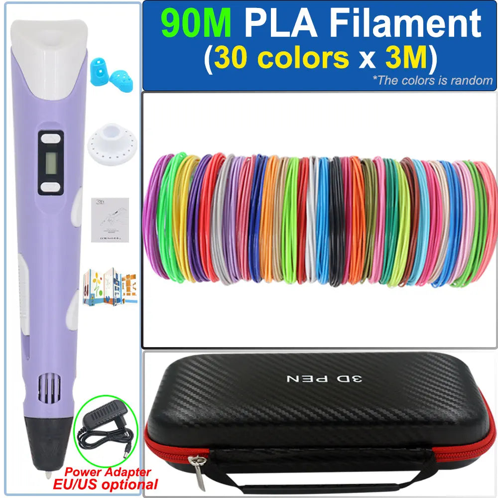 Children's 3D Pen 3D Drawing Printing Pen with LCD Screen Power Adapter 200M PLA Filament Toy Kids Christmas Birthday DIY Gift
