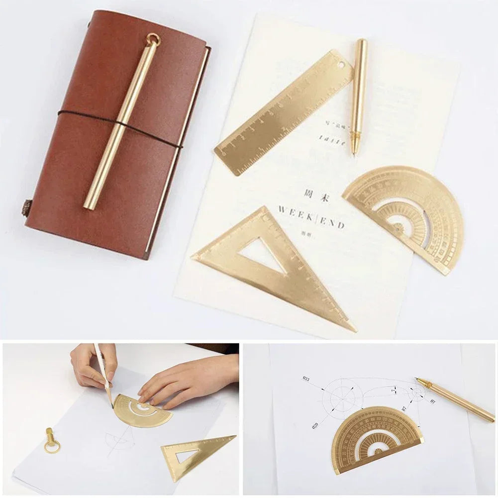Retro Brass Straight Ruler Student School Office Stationery Metal Triangle Rulers Protractor Painting Drawing Measuring Tools
