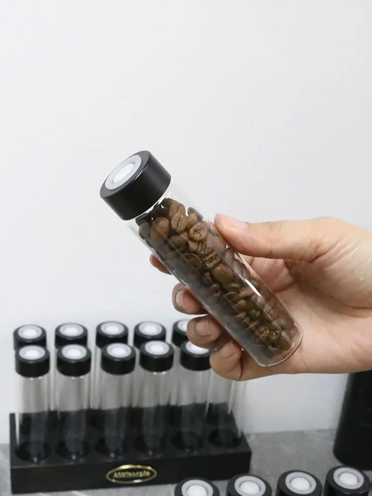 Coffee Beans Storage Container Glass Tube Bottle With Breathable Lid Wooden Display Rack Barista Accessories Coffeware Sets Gift