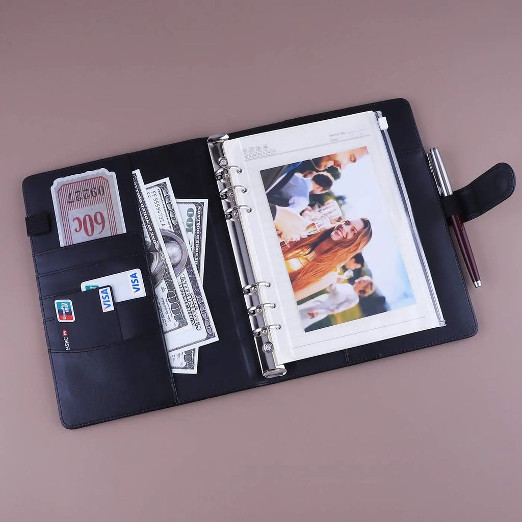 New A5 PU Leather Binder Cover with Magnetic Buckle Closure, 6 Ring Personal Notebook for Organizing Planner, Photo Card Sleeves