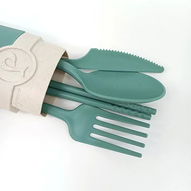 Portable Reusable Spoon Fork Travel Picnic Chopsticks Wheat Straw Tableware Cutlery Set With Carrying Box For Student Office