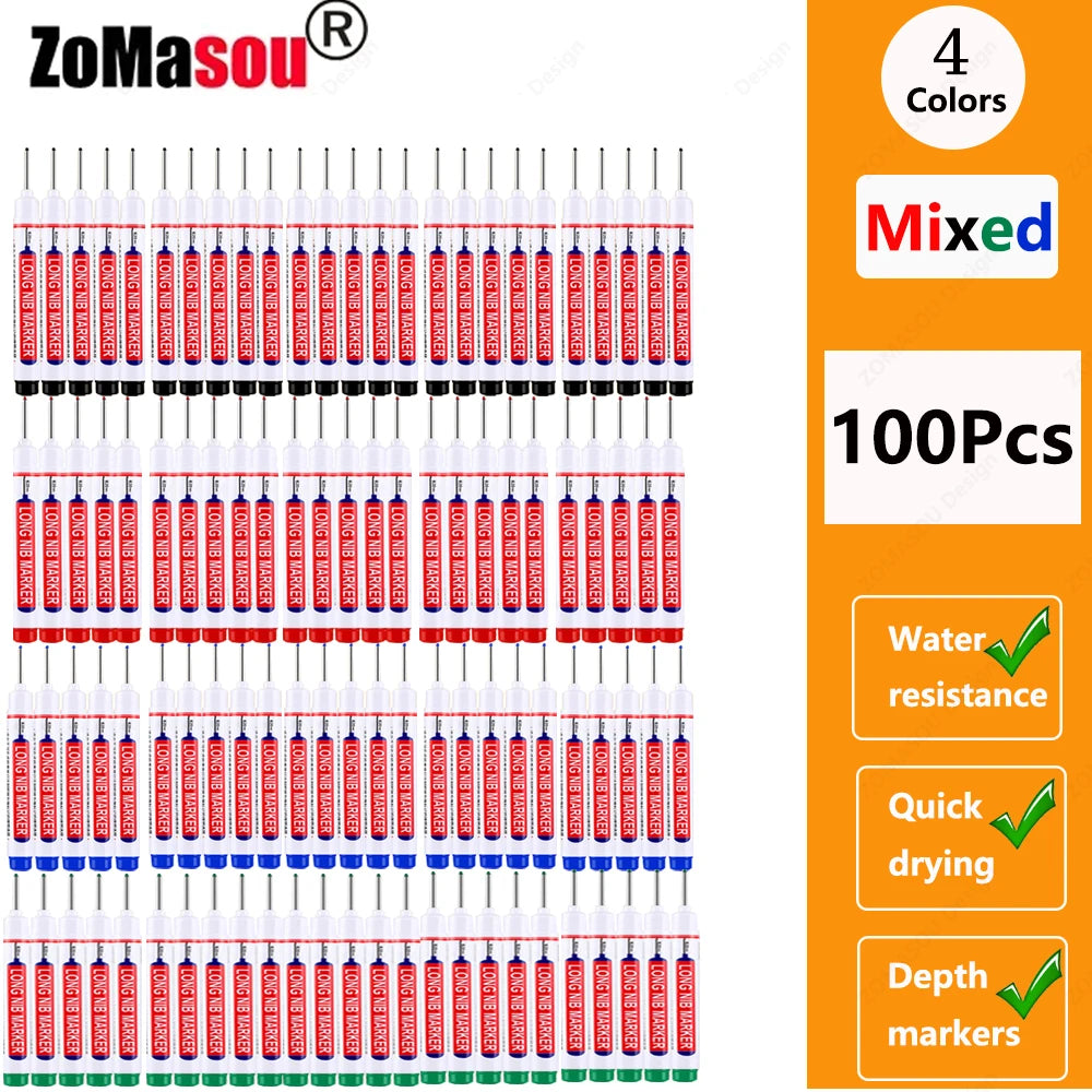 1-100Pcs 2cm Waterproof Long Head Markers Deep Hole Marker Pen for Metal Carpenter Red/Black/Blue/Green Ink Woodworking Tools