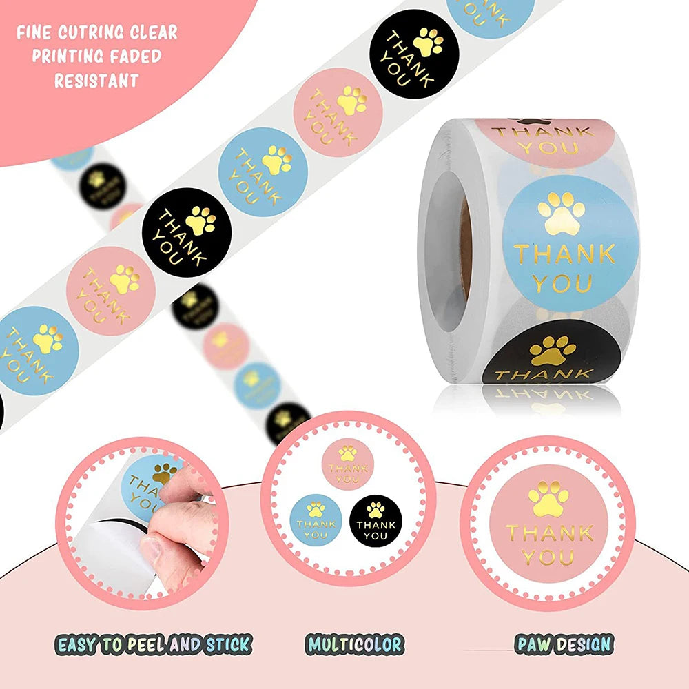 100-500Pcs Round Dog Paw Print Thank You Label Stickers Used for Shipping and Mailing Box Seal Labels Decorative Gifts Stickers