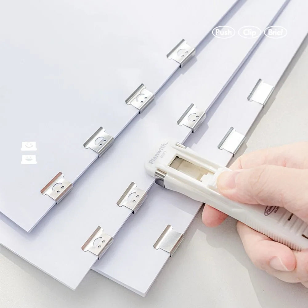 Smile Design Push Paper Clip New Plastics Mini Binder File Stapler Reusable Pusher Set School