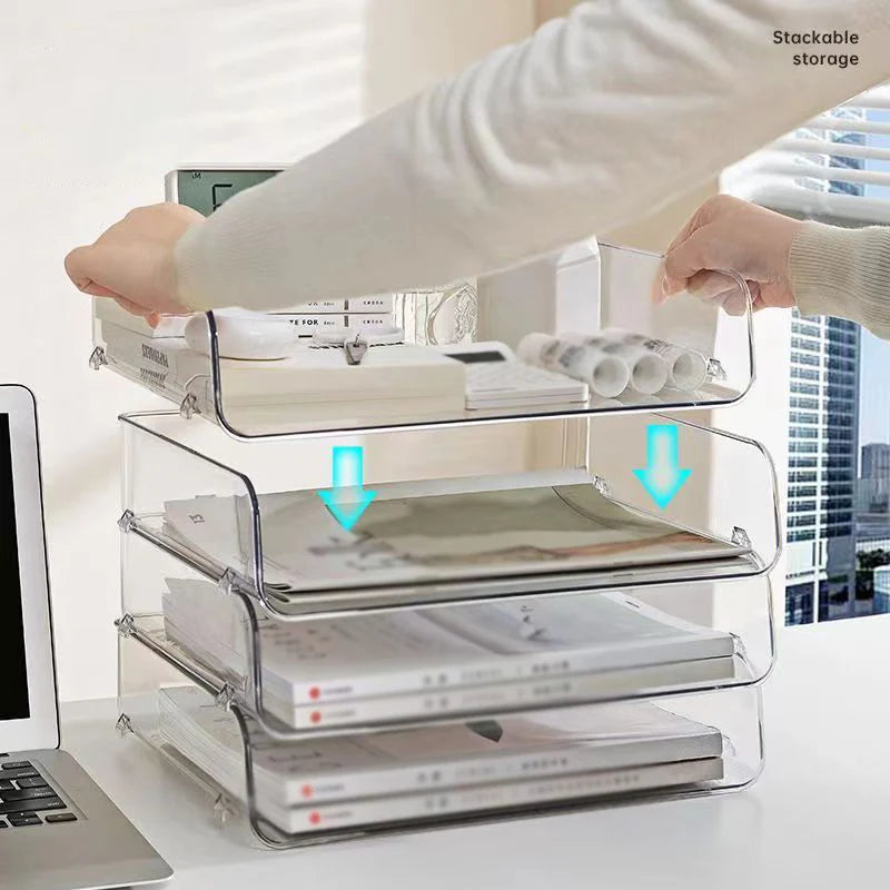 Desktop File Organizer Stackable Storage Tray Clear Paper Rack Stationery Box Transparent Holder Home Office Magazine Book Shelf