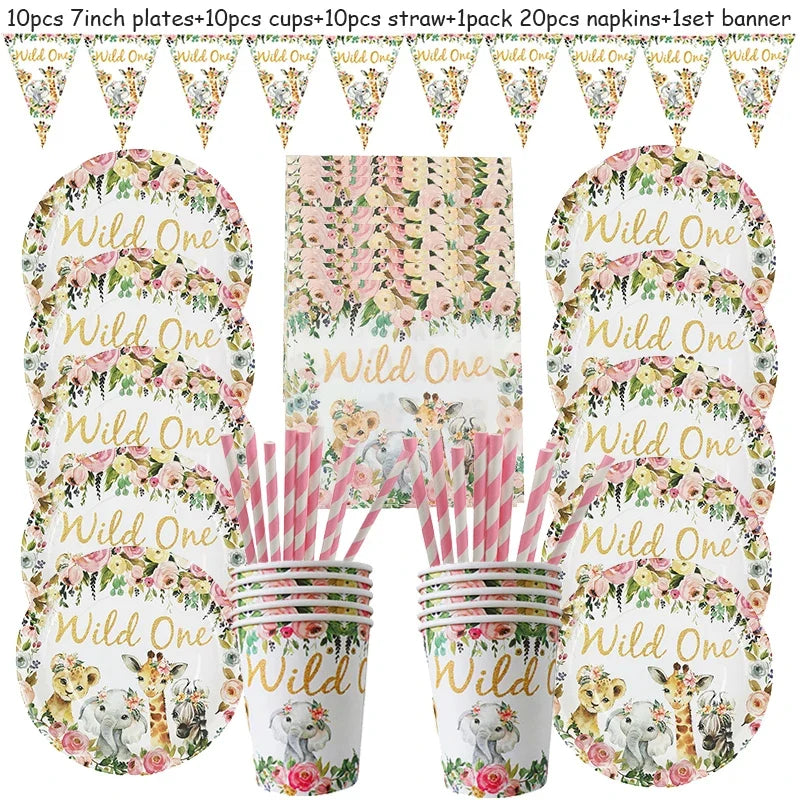 Pink Gold Animal Wild One Birthday Party Tableware Set Forest Decoration One Birthday Jungle Safari Party Supplies