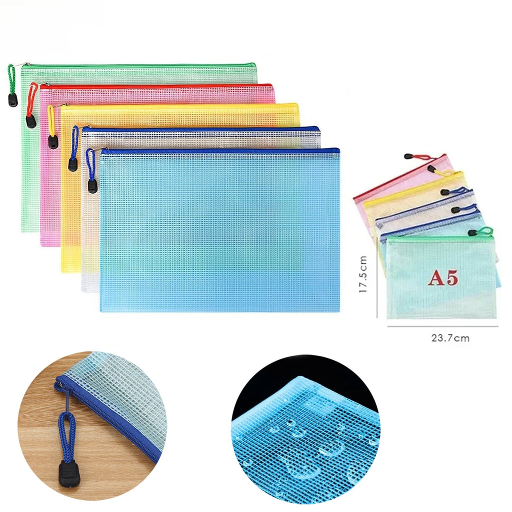 5PCS Stationery Storage Folder File Mesh Zipper Pouch A4/A5/A6 Document Bag Zip File Folders School Office Supplies