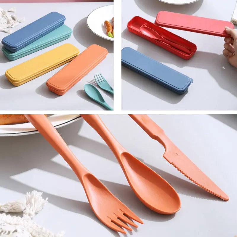 3In1 Wheat Straw Dinnerware Set Portable Reusable Cutlery Sets Knife Fork Spoon Chopsticks Travel Utensil Box Camping Tableware