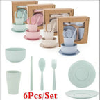 6 Pcs/Set Wheat Straw Baby Tableware Children Food Dishes Bowl Feeding Infant Learning Dinnerware Spoon Chopsticks Fork Cup New