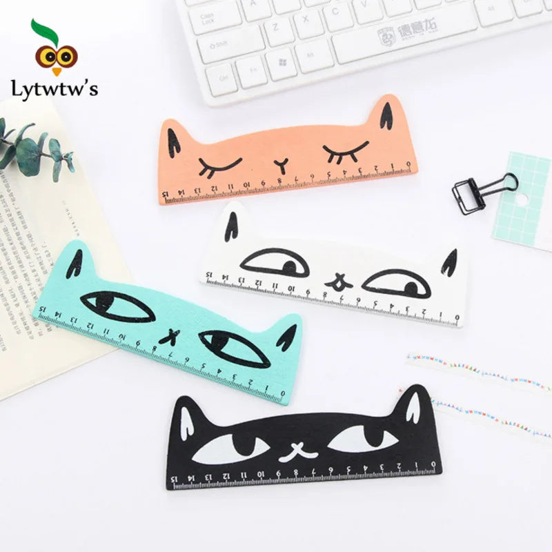1 Pcs Lytwtw's Cute Kawaii Black Cat Kitten Straight Ruler Wooden Tools Cartoon Sewing Drawing Office School Stationery supplies