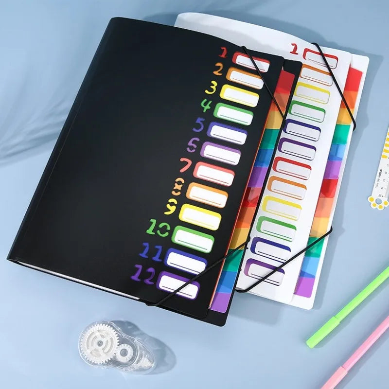 A4 12-Pocket Rainbow Accordion File Folder, Elastic Band Expanding Document Organizer with Index Tabs for School Office