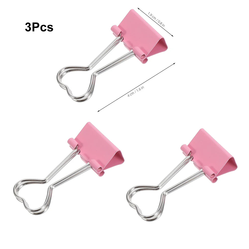 3Pcs Heart Pink Binder Clip Heart Shape Handle Metal Paper Clips  for Office School Home Supplies
