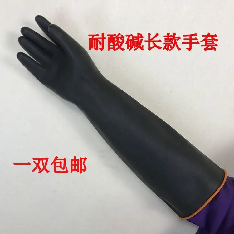 Acid and alkali resistant black lengthened anti-corrosion waterproof industrial latex thickened rubber gloves