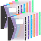 12pcs Six-Color File Organizer, 11-Hole Plastic Expanding Folder for 2/3/4 Ring Binders with Snap Closures and Blank Labels.