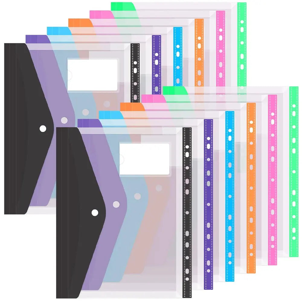 12pcs Six-Color File Organizer, 11-Hole Plastic Expanding Folder for 2/3/4 Ring Binders with Snap Closures and Blank Labels.