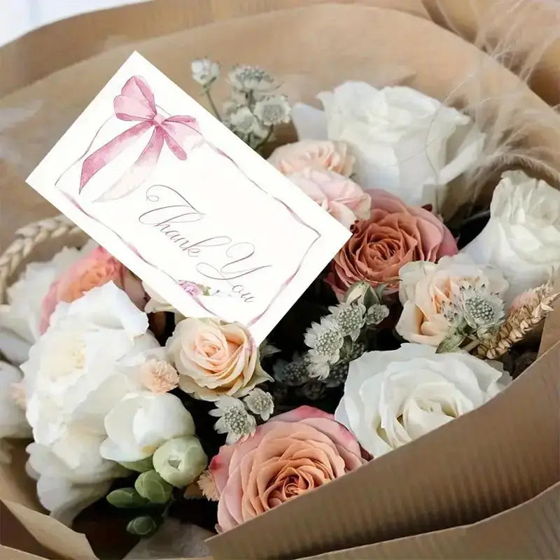 50pcs Business Thank You Cards Cherry & Pink Bow Design Celebration Invitations Gift Wrapping Cards For Party