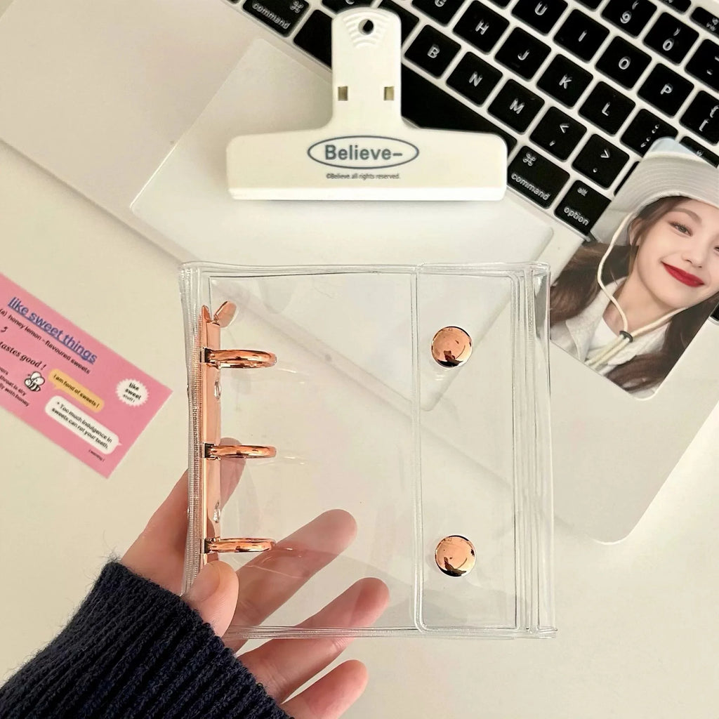 Mini Transparent 3 Ring Binder Covers, Beaded Storage Soft Notebook Closure Loose Leaf Folder Round Ring Cover Protector Button