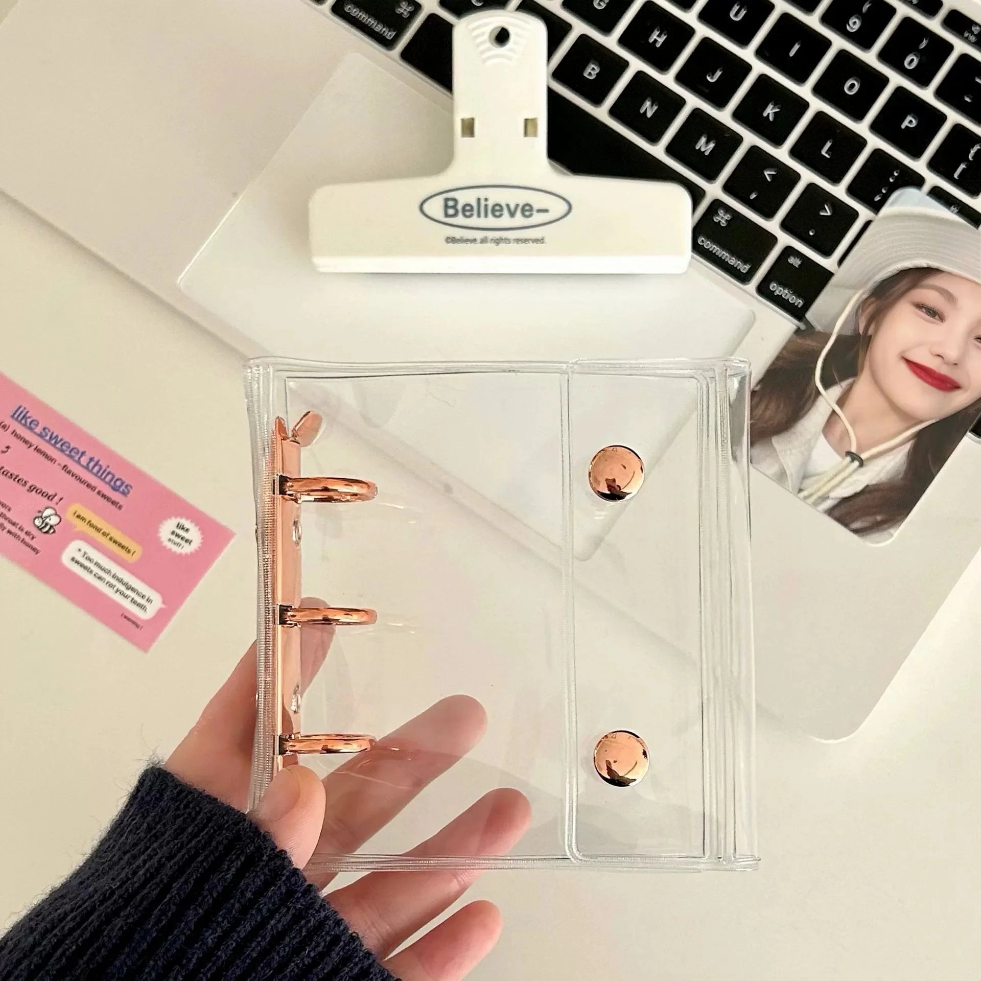 Mini Transparent 3 Ring Binder Covers, Beaded Storage Soft Notebook Closure Loose Leaf Folder Round Ring Cover Protector Button