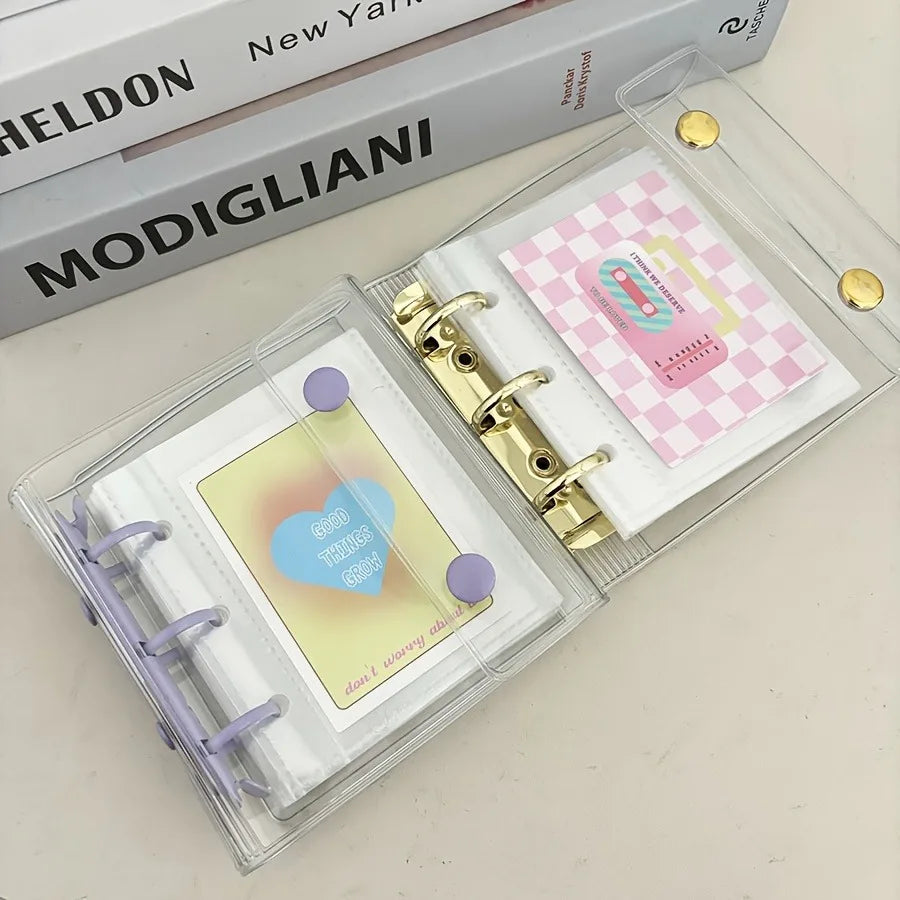 Mini Transparent 3 Ring Binder Covers, Beaded Storage Soft Notebook Closure Loose Leaf Folder Round Ring Cover Protector Button