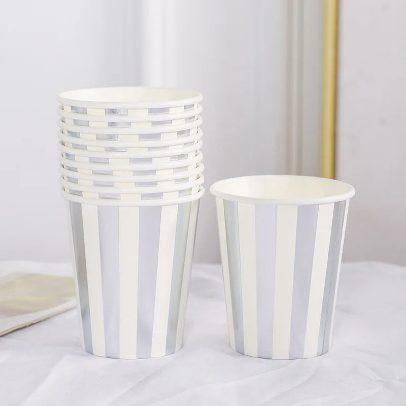 Pink Blue Stripe Dot Disposable Tableware Sets Paper Cups Plate Straws Fork Disposable Sets Wedding Birthday Party Decorations