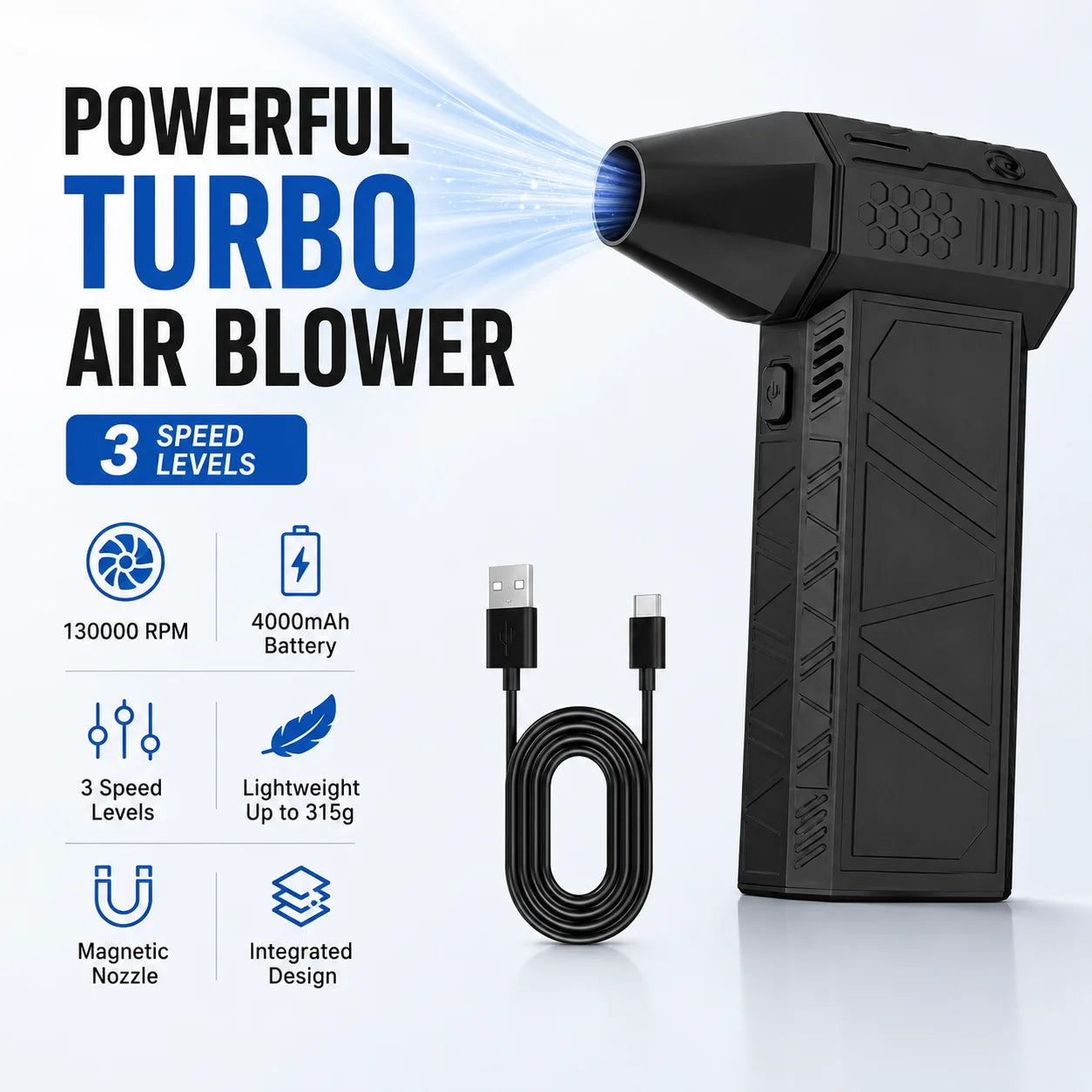 Powerful Turbo Air Blower 130000RPM Cordless Dust Cleaner With 4000mAh Battery, 3 Speed Levels, Magnetic Nozzle For Home