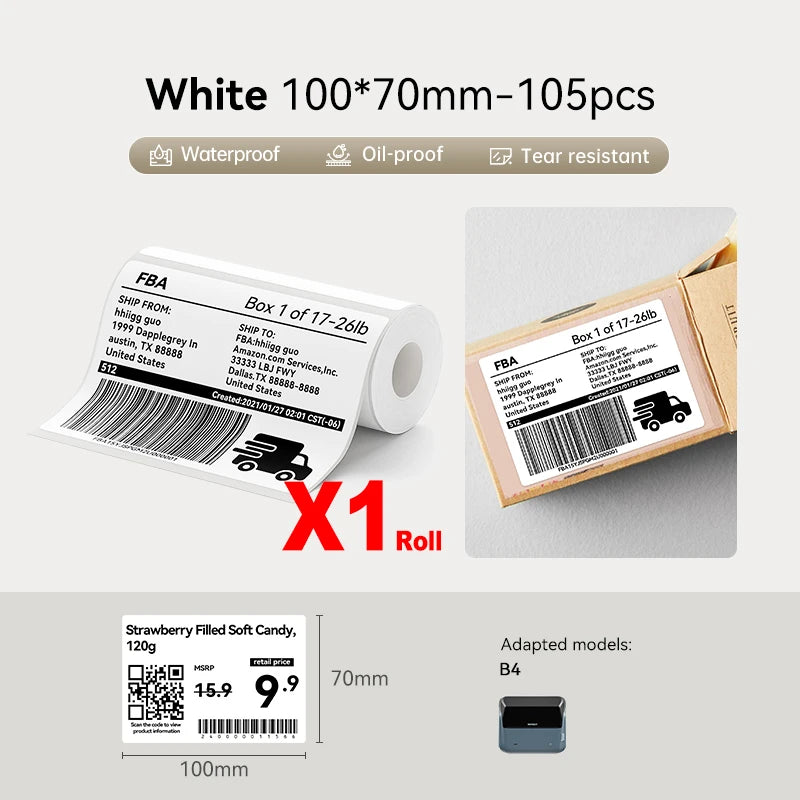 Large Size Labels for Niimbot B4 Portable 4inch Label Printer Shipping Barcode Tag Self-adhesive Stickers for Small Bussiness
