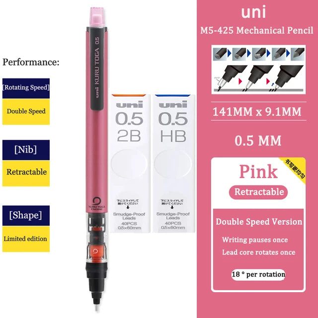UNI KURUTOGA Mechanical Pencil M5-452 Creative Writing Continuous Sketch 0.5mm Lead Automatic Rotating Mechanical Pencil