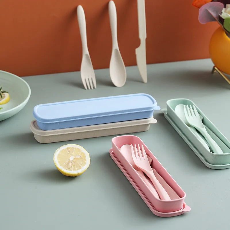 3Pcs/set Wheat Straw Dinnerware Set Portable Tableware Knife Fork Spoon Eco-Friendly Travel Cutlery  Utensil Box Chopsticks