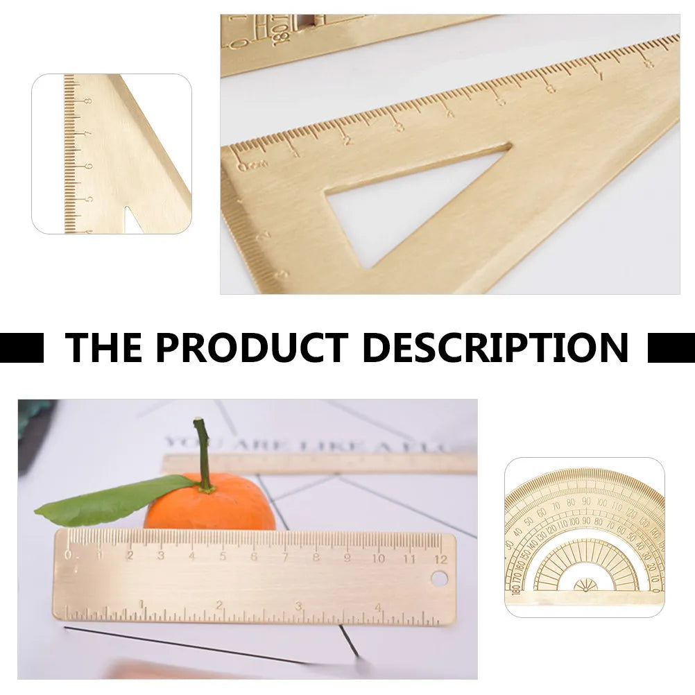 1Set Brass Drawing Measurement Ruler Set Geometry Triangle Straightedge Protractor for Students Teachers Artists Accurate Scale
