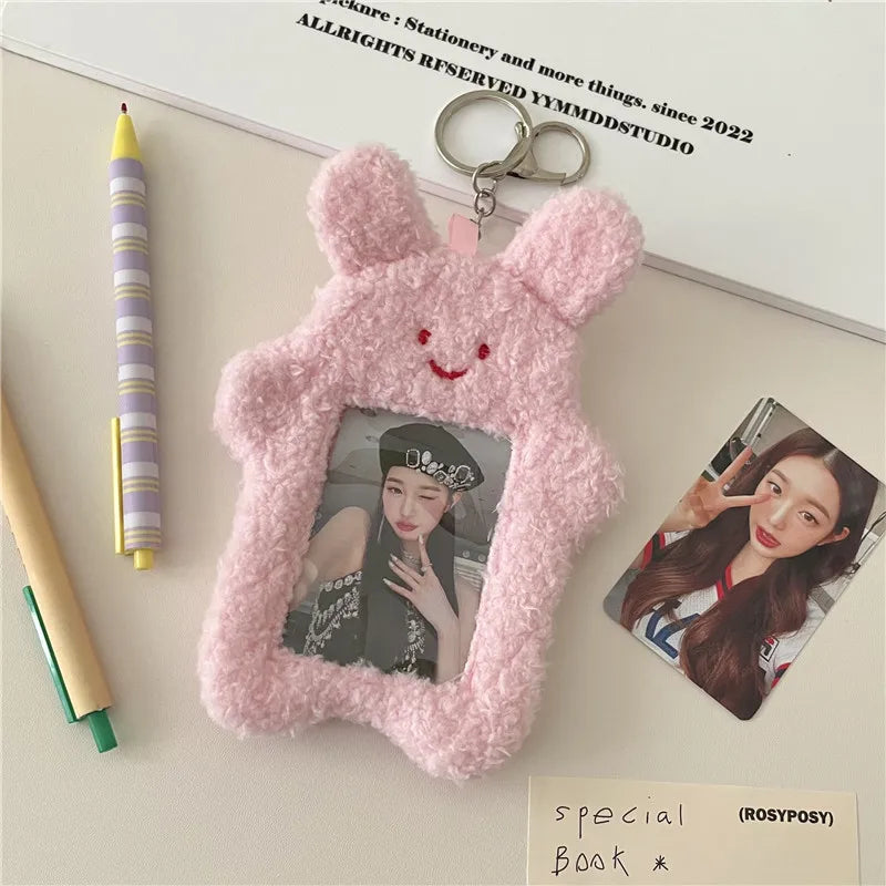 ID Card Holder Keychains kawaii Cartoon Plush Photocard Holder Korean Desk Accessories Kpop Stationery Idol Display Stand