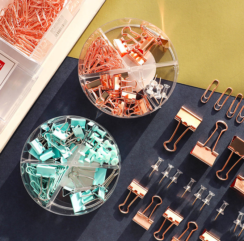 72Pcs Color Binder Clips Paper Clips Push Pin Set Rose Gold Push Pins Cute Stationery for Office Accessories School Supplies