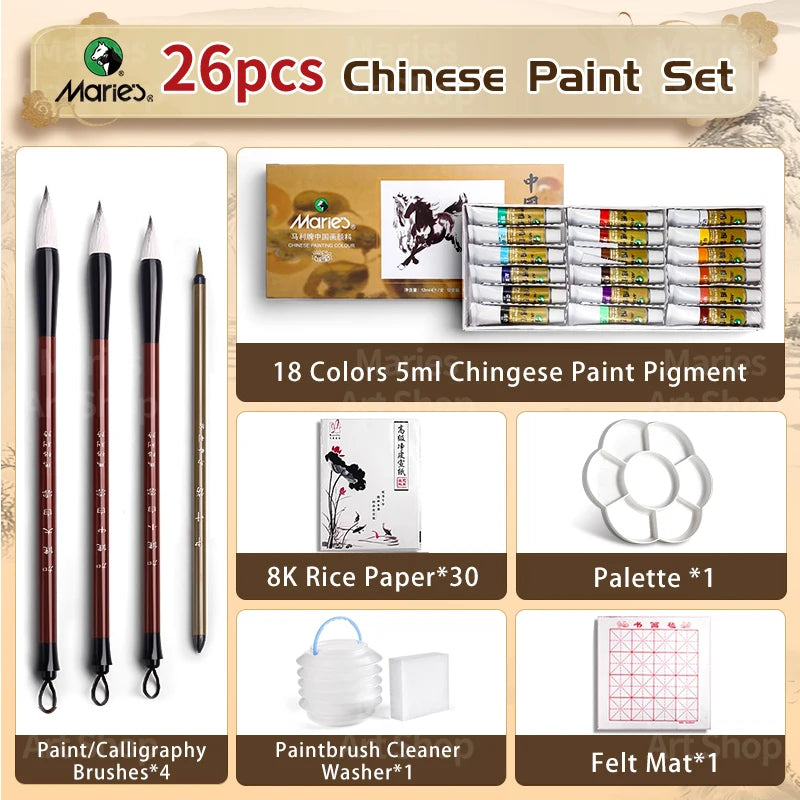 Marie's Chinese Paint Pigment Set,12/18/24/36 Colors 5ml/0.17oz Sumi Watercolor with 8pcs Art Tools for Landscape,Ink,Writing