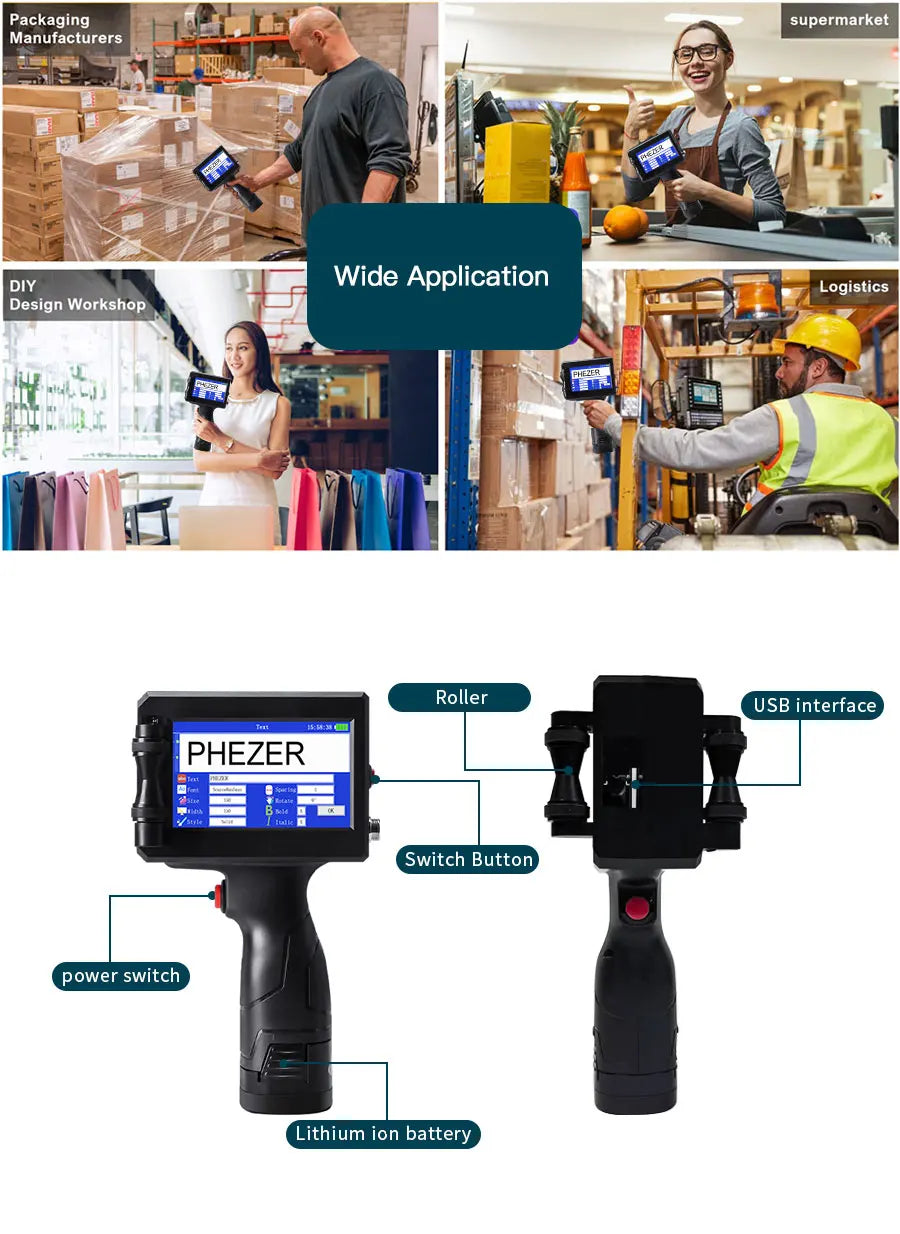 For Hp Phezer 12.7mm Label Printer Batch Code Date Number QR Bar Logo Expiry P15  Handheld Inkjet Printer 28 Languages Portable